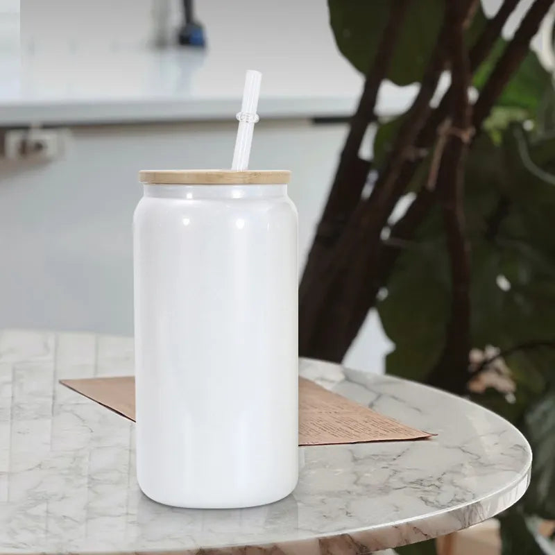 CLEARANCE 16oz Sublimation White Shimmer Glass Can