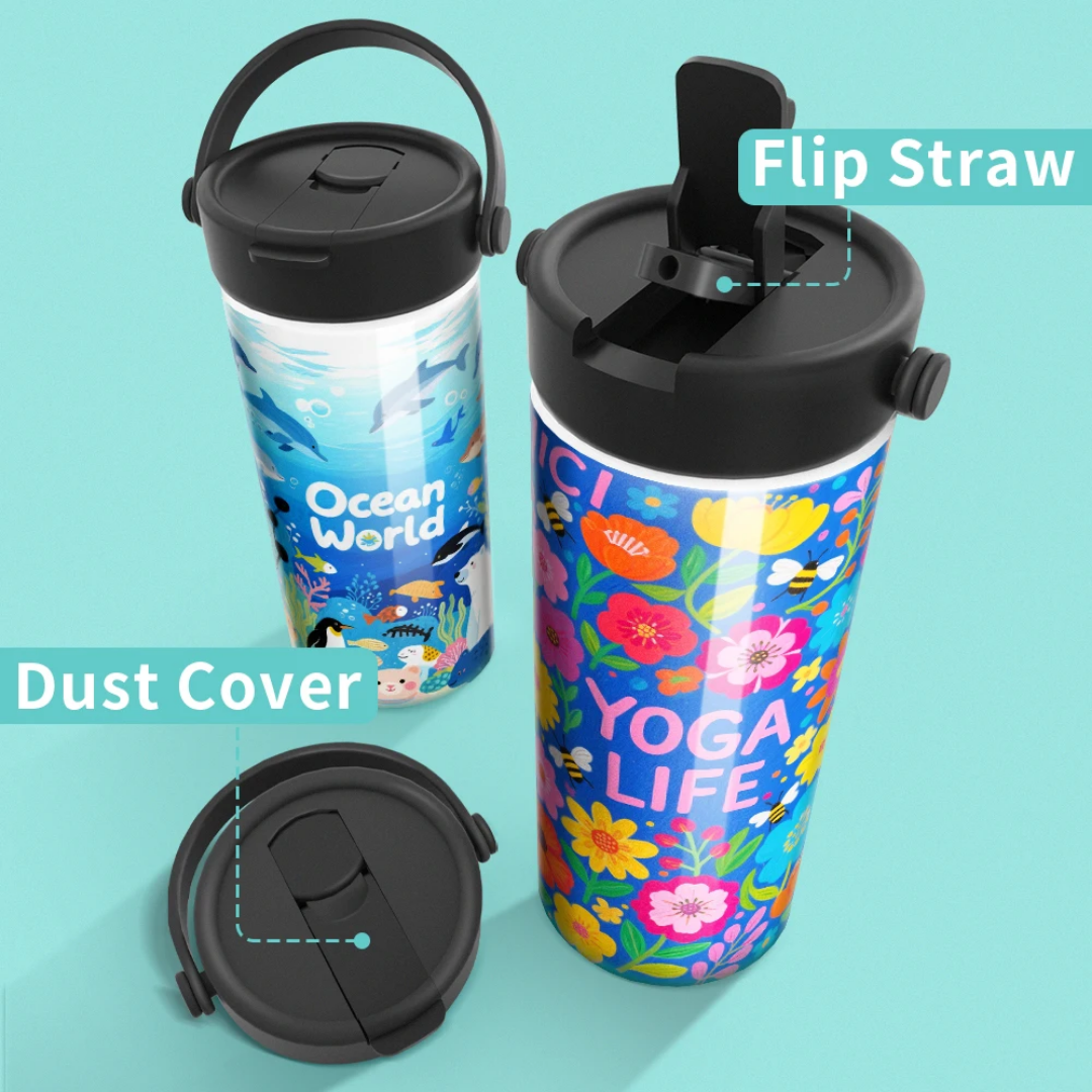 Stainless steel sublimation water bottle with flip straw - leakproof tumbler