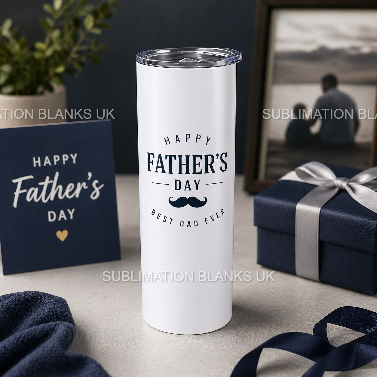 20oz sublimation tumbler with flat edge. Shown with a Father's Day design on and a nice matching background for presentation purposes.