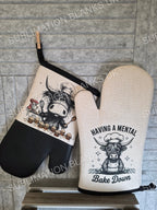 Sublimation oven mitts with Mental Bakedown and Highland cow designs