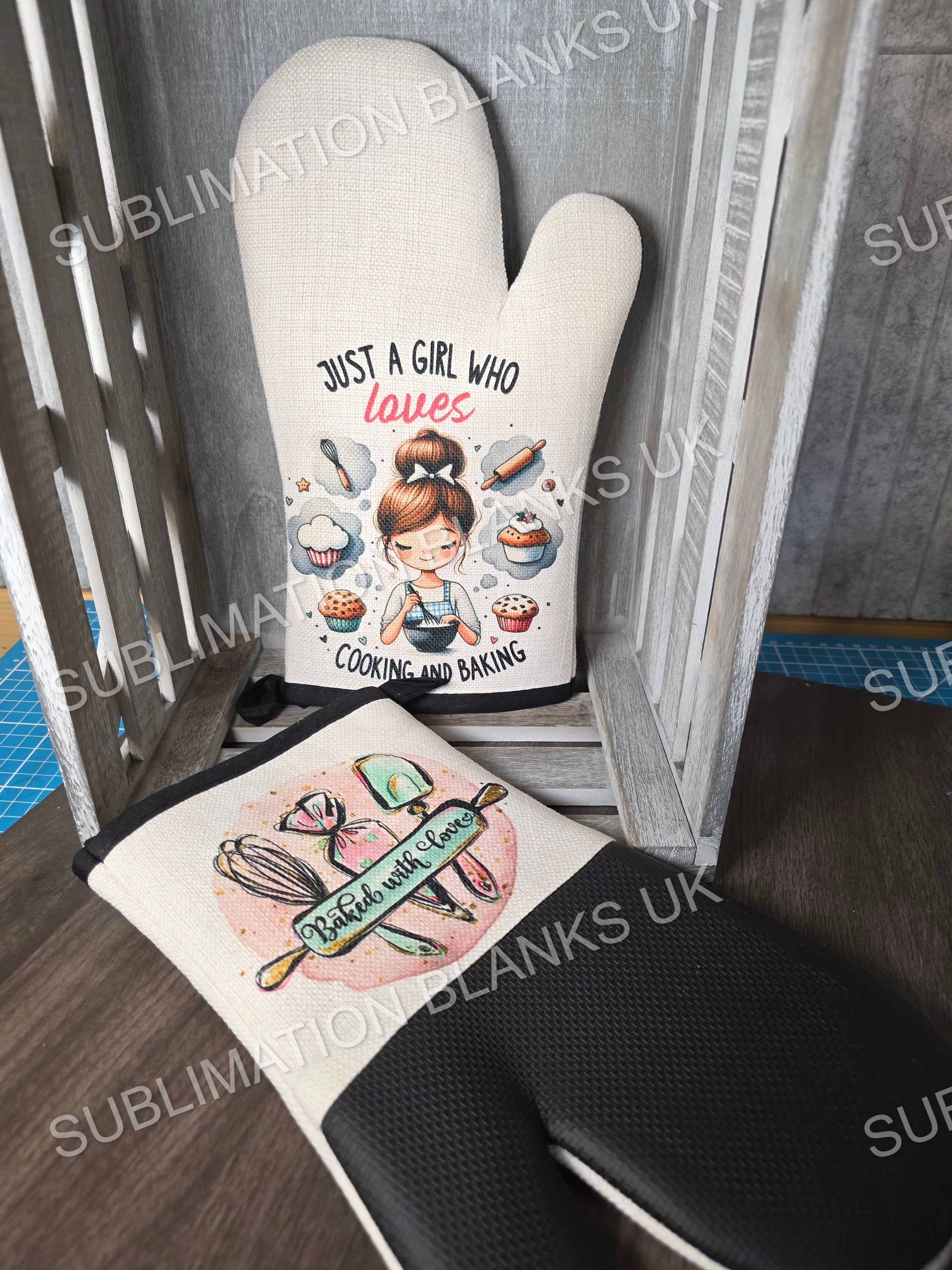 Sublimation oven glove, oven mitt with I love cooking and baking design